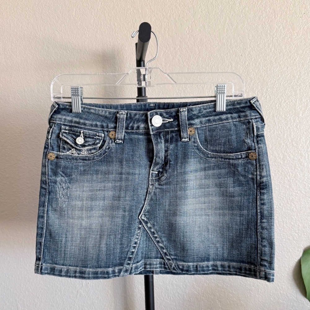 Vigoss Womens Denim Low Rise Mini Jean Skirt Size 3 Blue Distressed Y2K